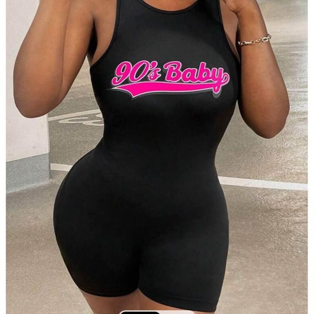 90s Baby one piece, romper unitard, black hot pink size small new